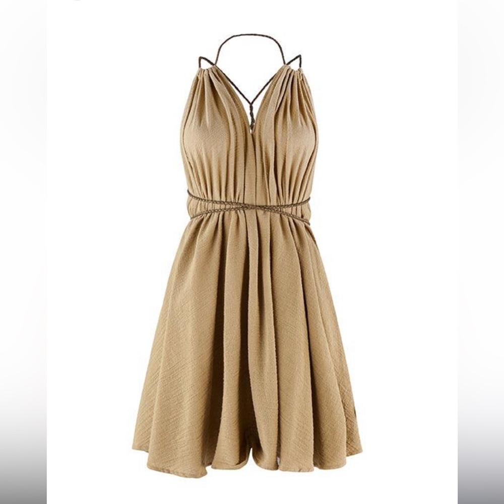 CARAVANA Mahahual Mini Dress in Sepia Brown OS Leather Braided Ties